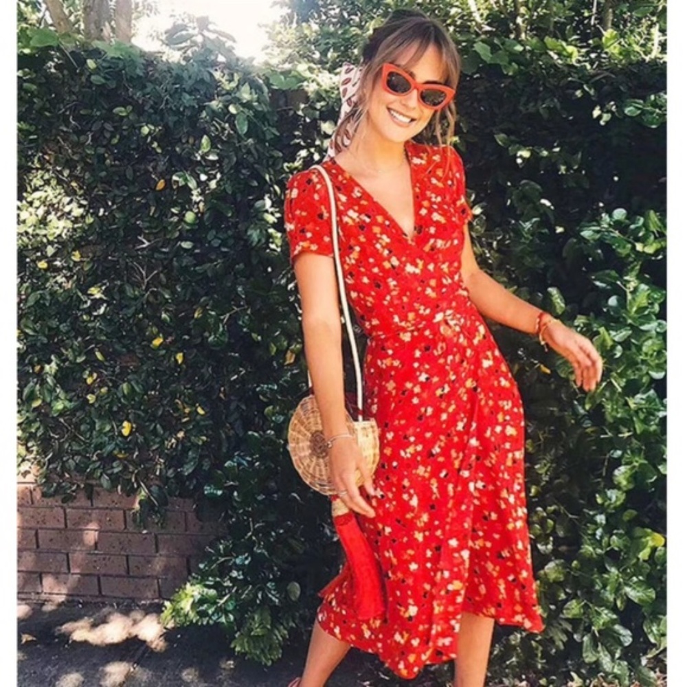 Red Floral print Wrap Midi Dress